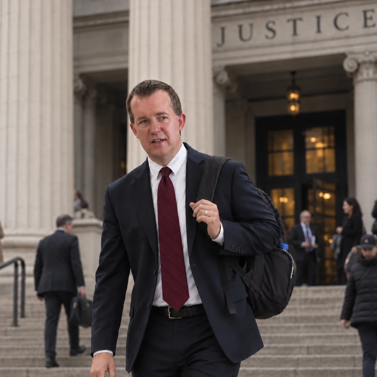 Daniel Johnson carrying his backpack outside a courthouse