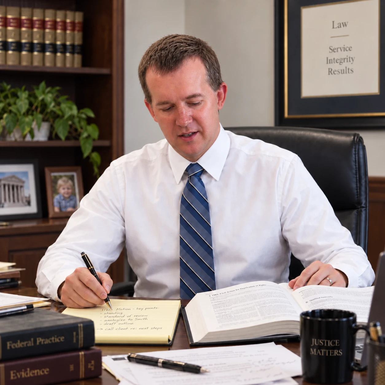 Daniel Johnson working at his desk in a shirt and tie while reviewing an open book and case notes