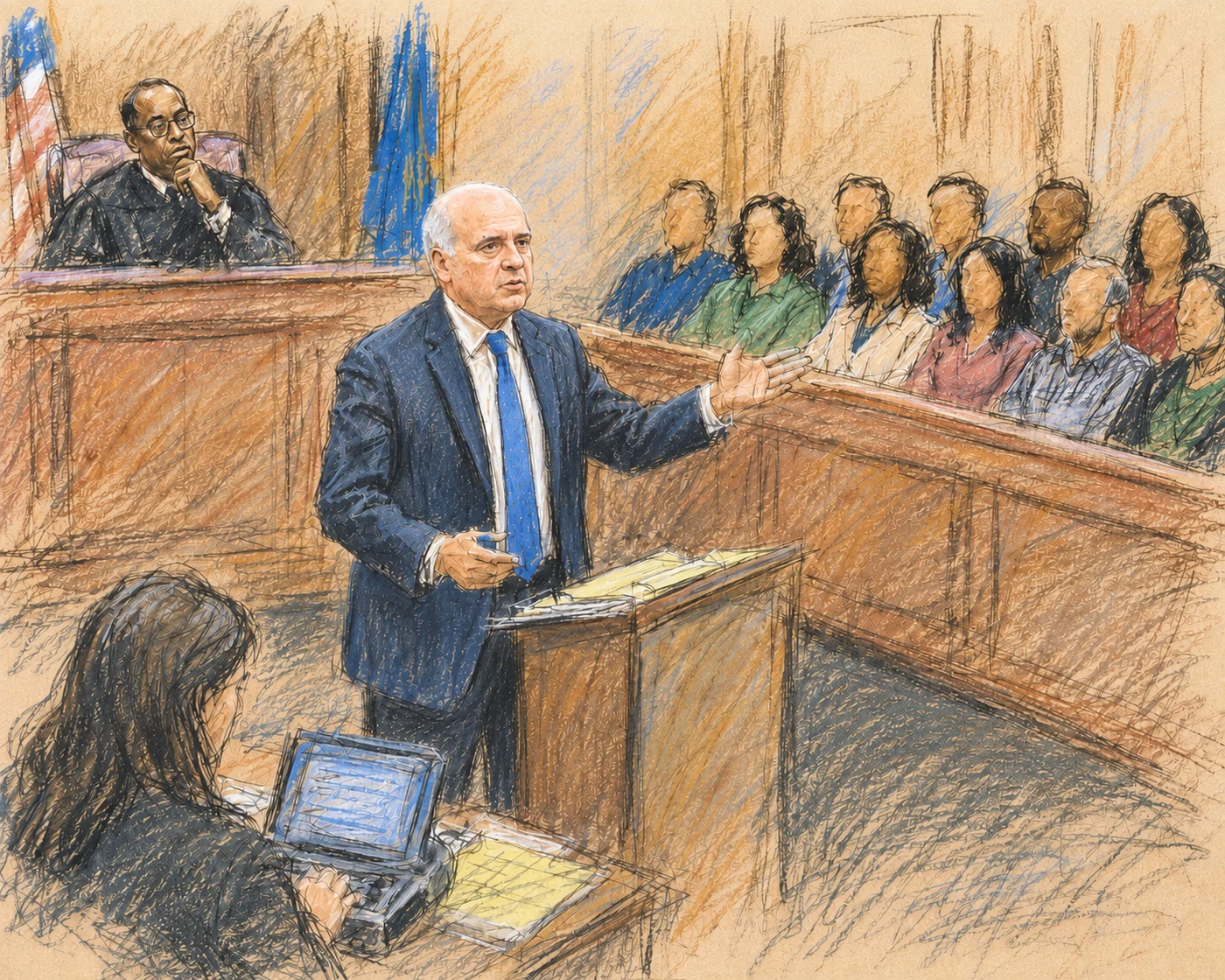 Courtroom-style illustration representing trial preparation
